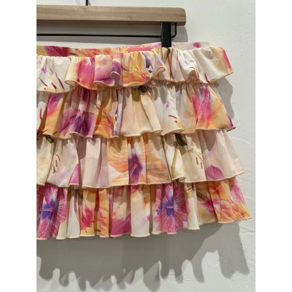 Out From Under Skirt Womens L Pink Floral Ruffle Tiered Mini Urban Outfitters